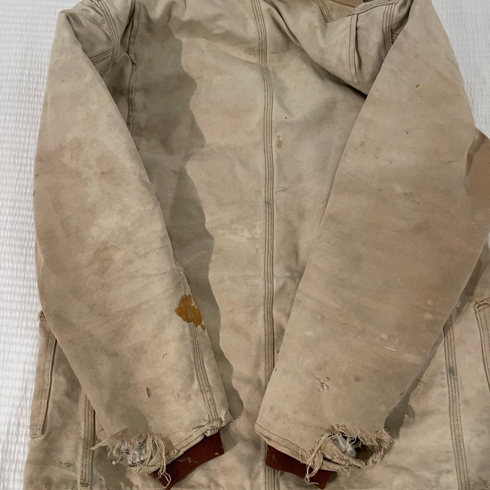 Vintage Carhartt Quilt Lined Tan Corduroy Collar Work Jacket Size Medium Stained - Picture 11 of 12